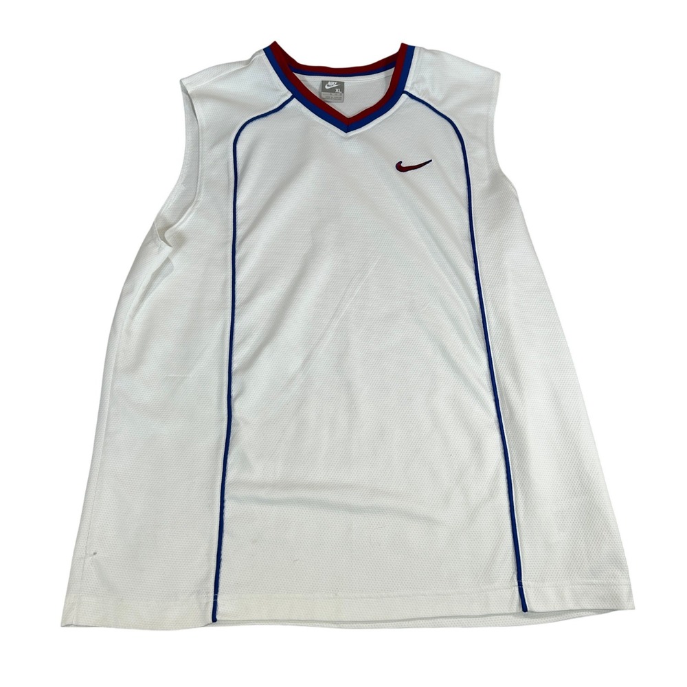 Y2K Nike Mens White Red Blue V-Neck Mesh Sleeveless Basketball Jersey Size XL‎